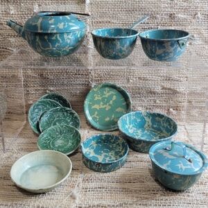 10+ Antique tin toy Doll or Child Size Graniteware Lot teapot pans